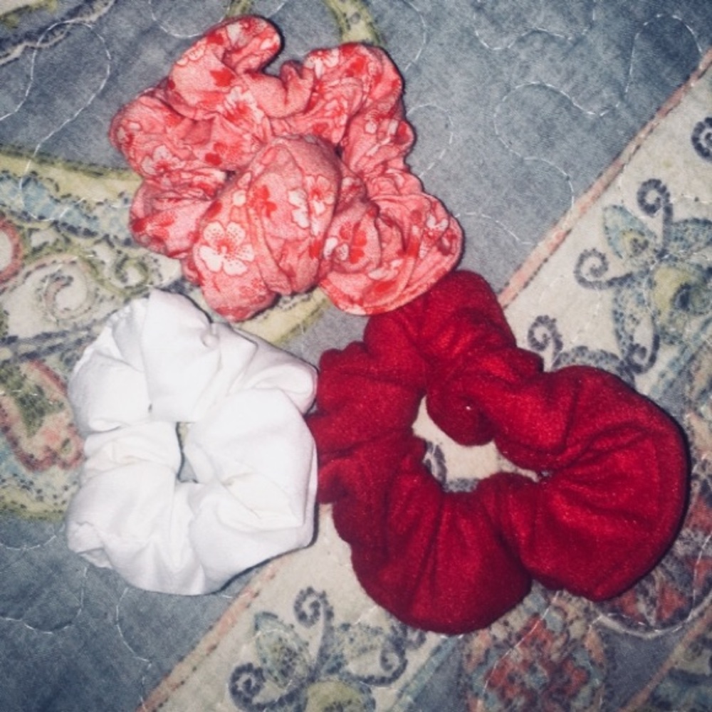 Set of red, pink and white scrunchies